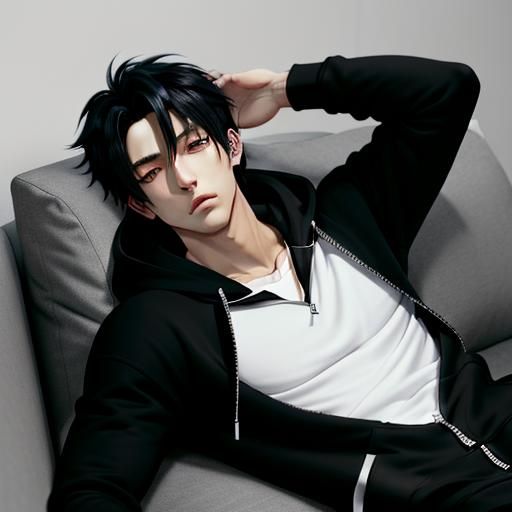 Anime Boy Relaxing on Gray Couch