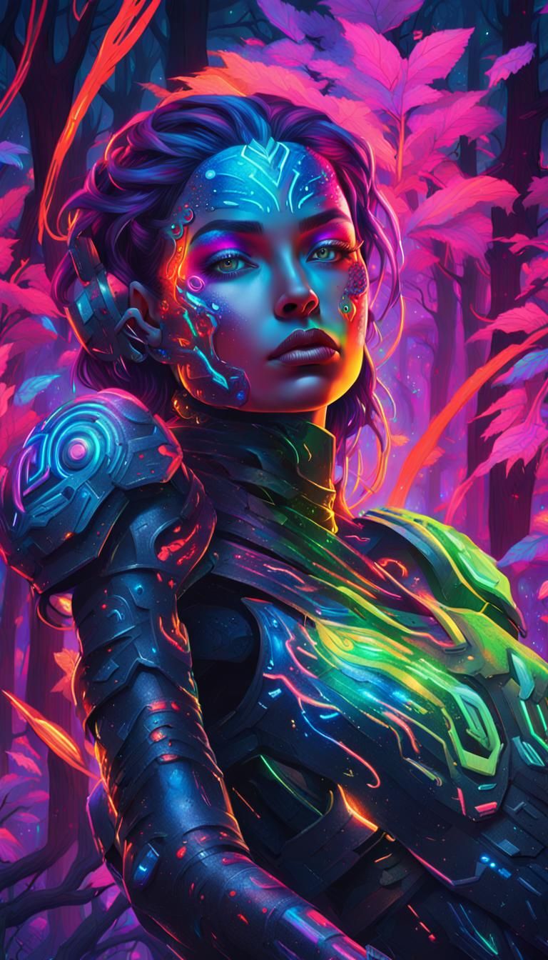 Cyber Nymph in Neon Forest Illustration
