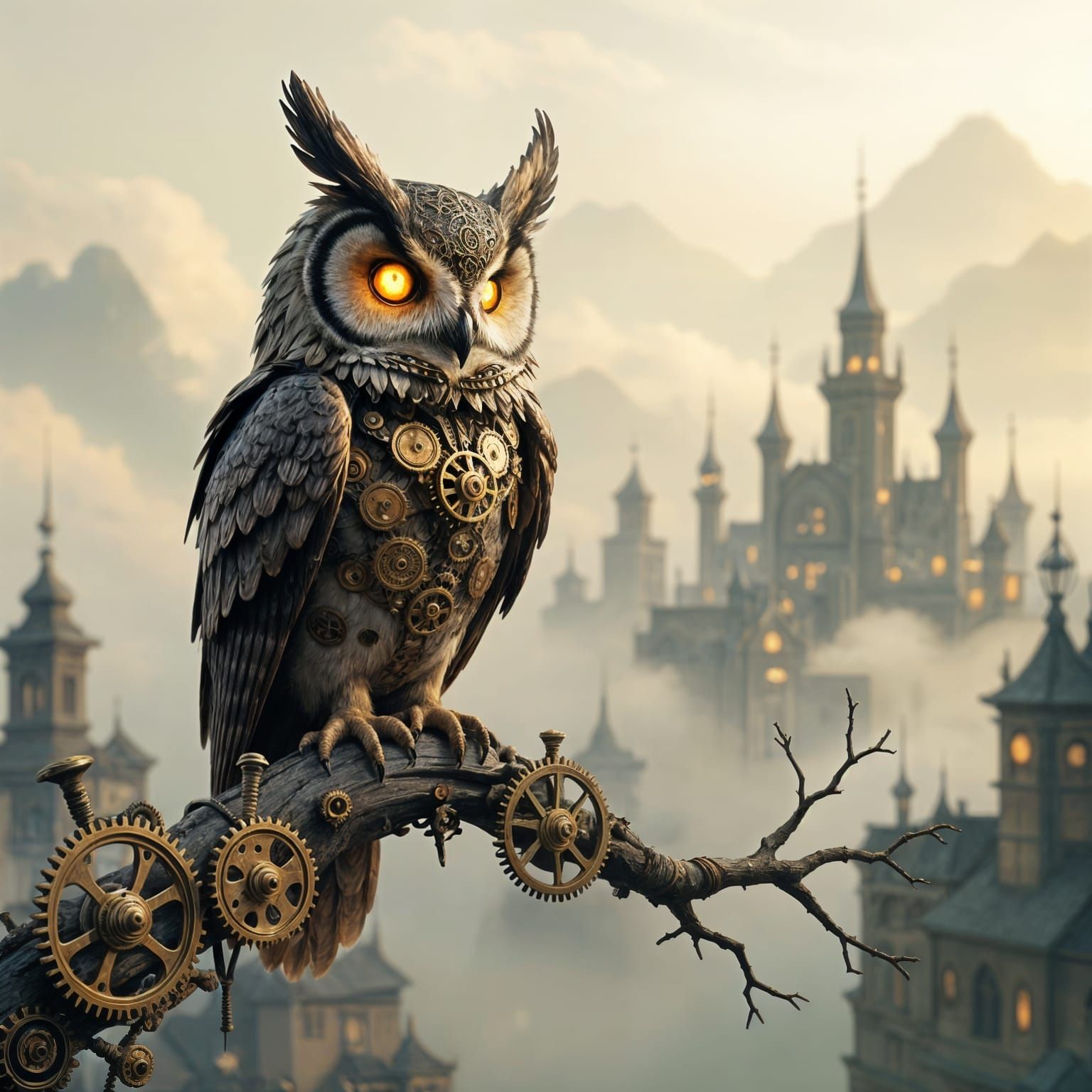 Majestic Clockwork Owl in Steampunk City