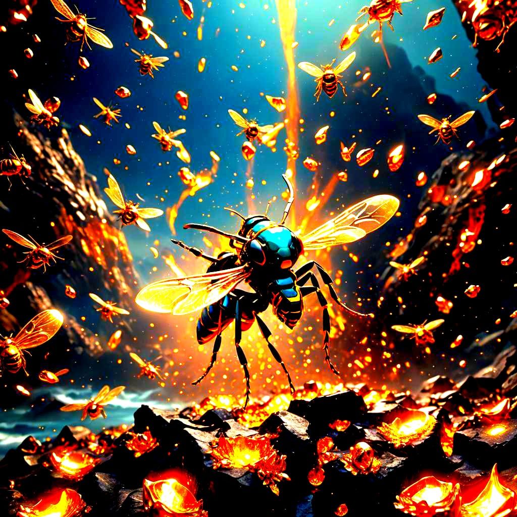 Diamond Wasp Over Molten Gold Sea: Digital Art