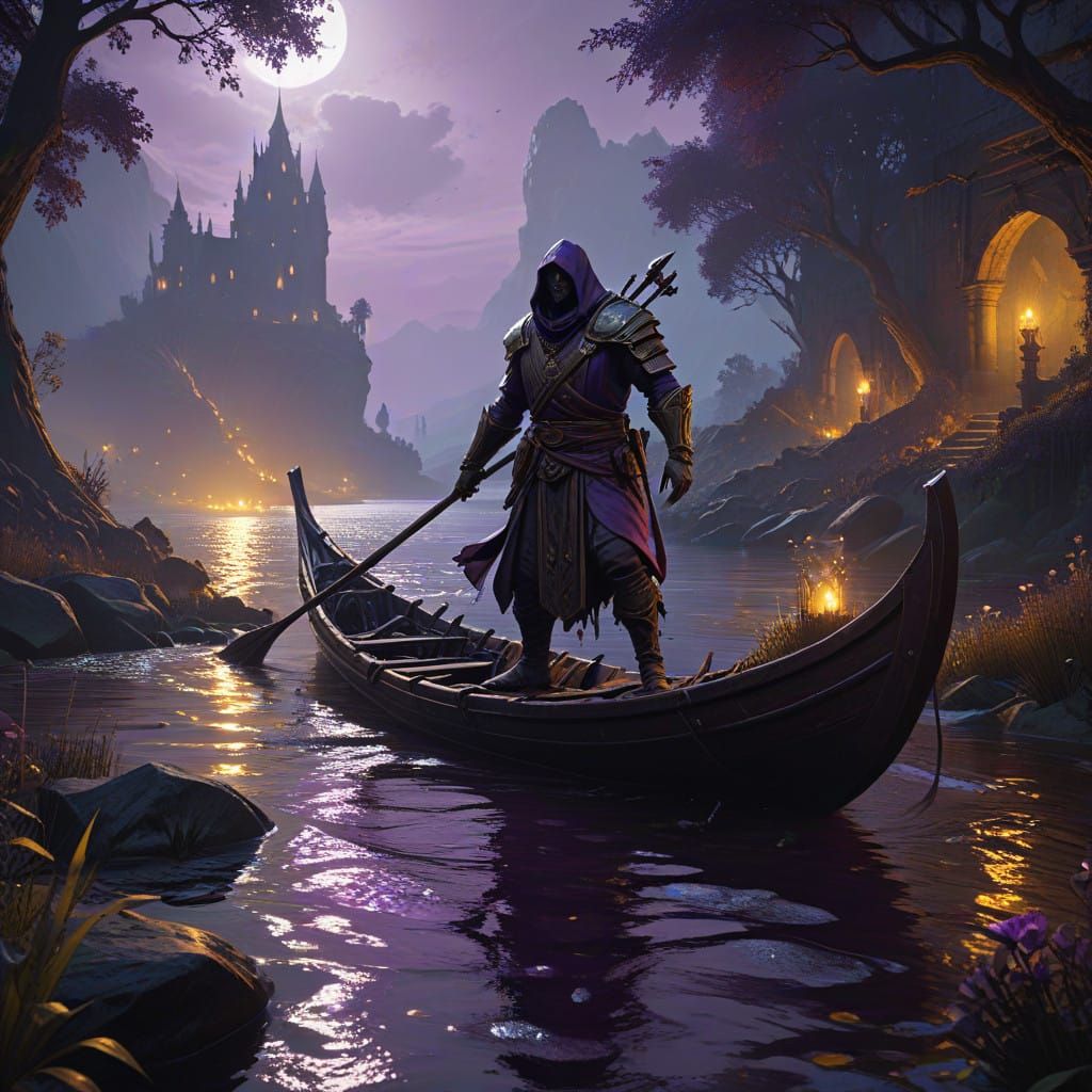 Ethereal Ferryman Emerges from River Styx's Twilight