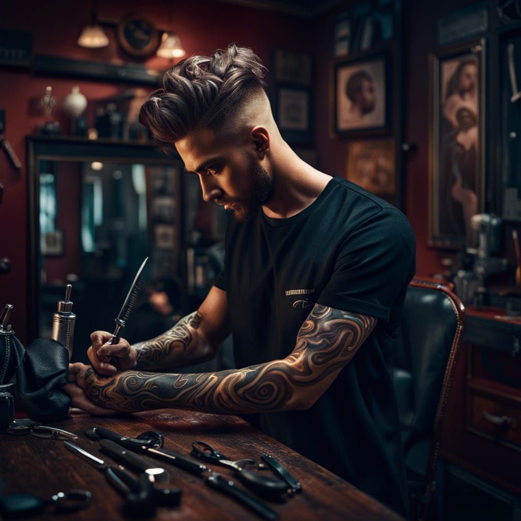 Young Barber in Street Style, Detailed Digital Painting