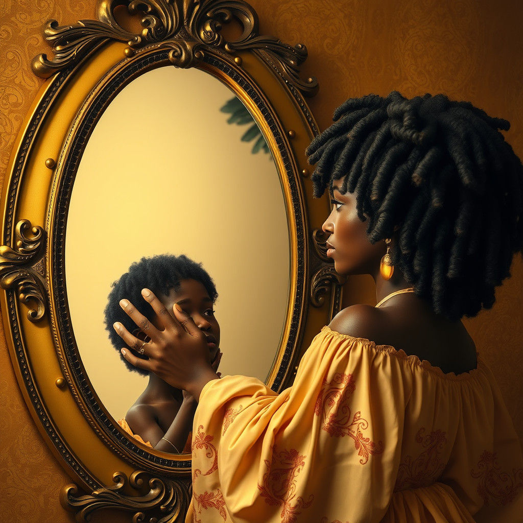 Woman Comforting Younger Self in Ornate Mirror