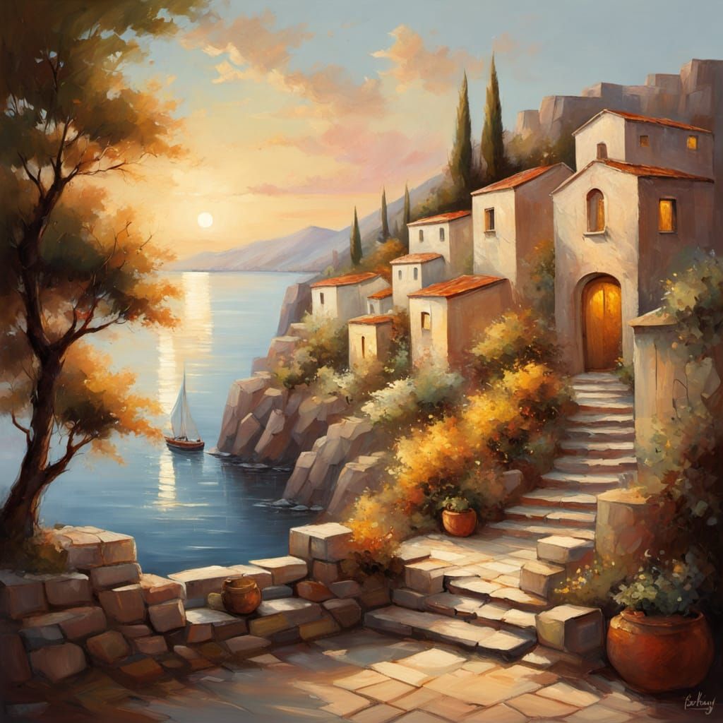 Idyllic Greek Village at Golden Hour