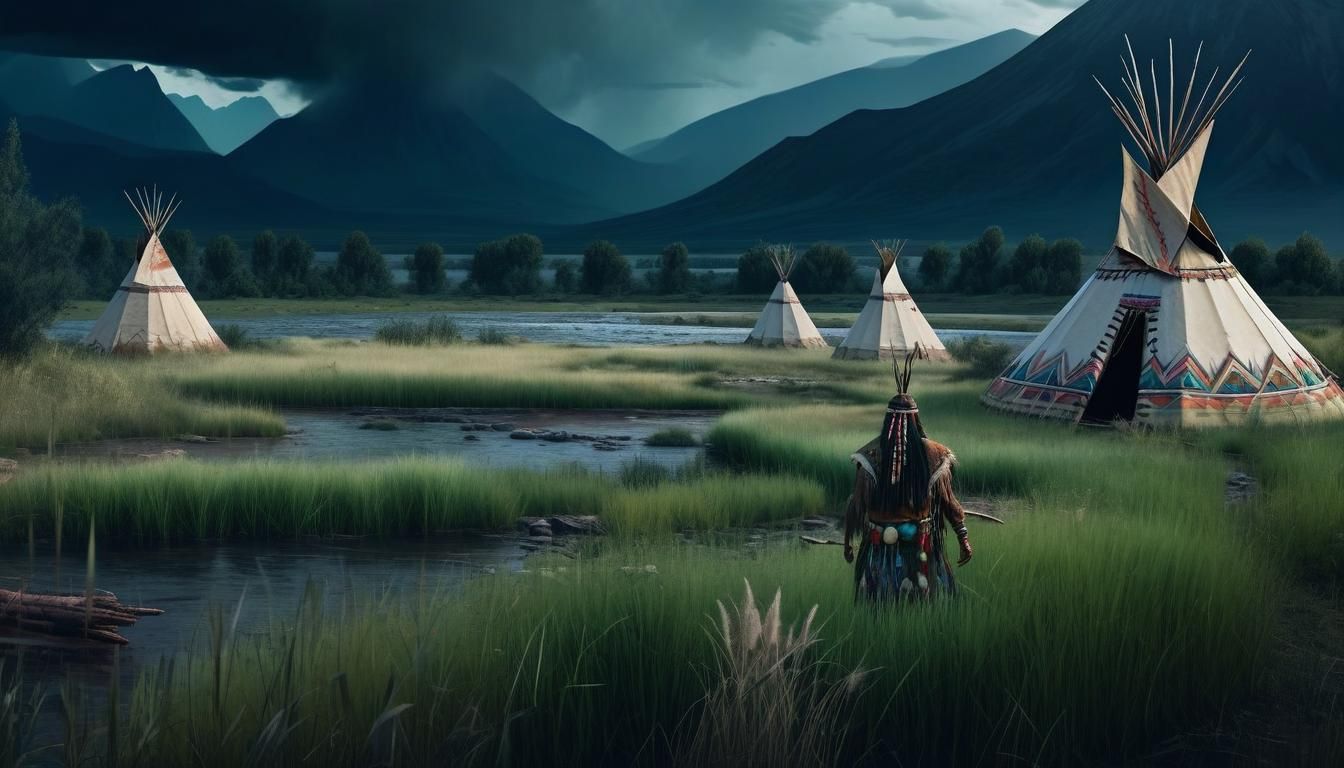 Eerie Abandoned Village Landscape with Mystic Shaman