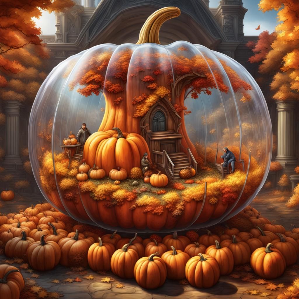 Fall Harvest Inside Transparent Pumpkin, Detailed Digital Ar...