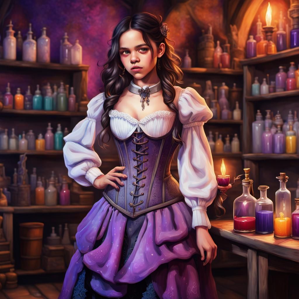 Jenna Ortega as Alchemist with Colorful Potion