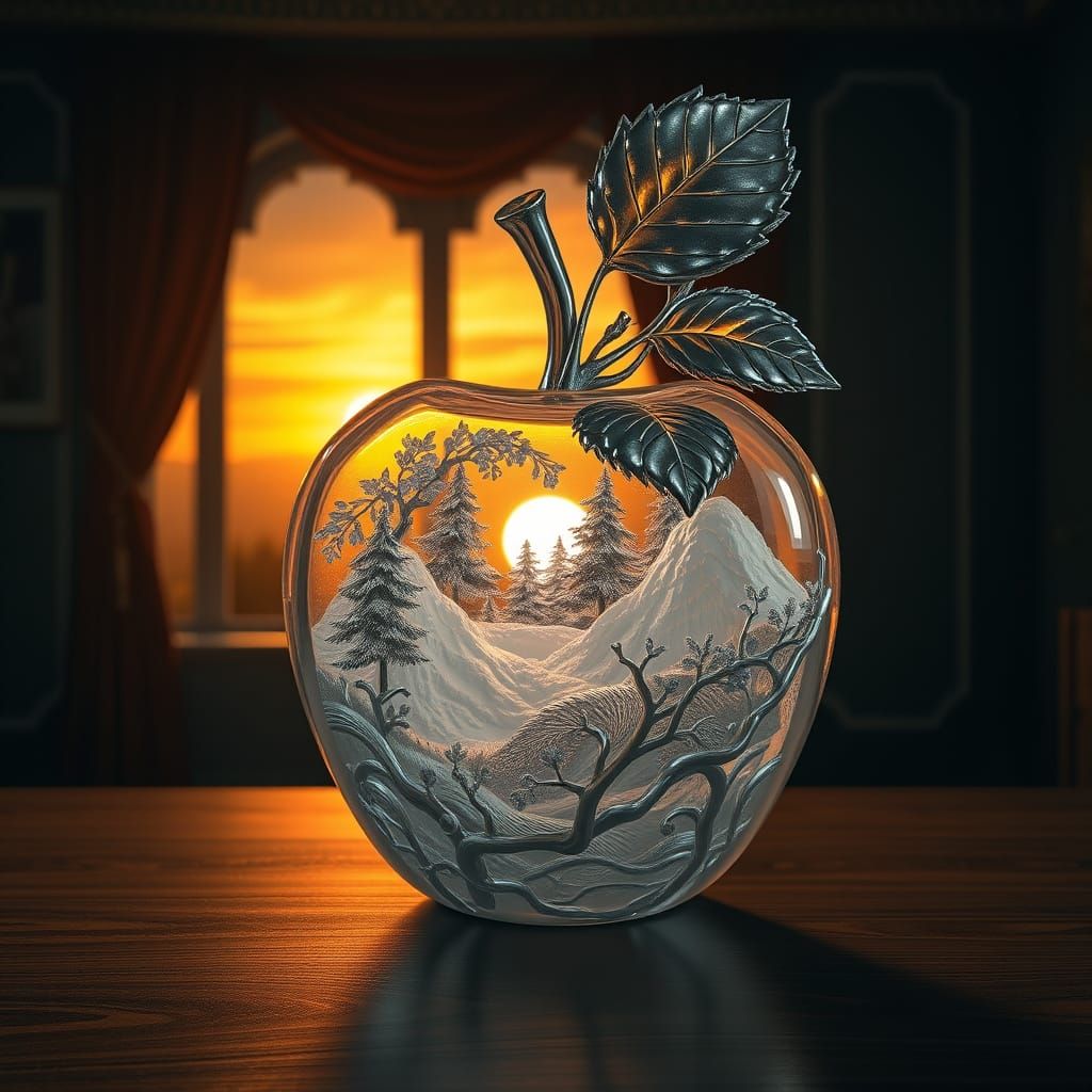 Glass Apple with Miniature Forest, Hyperrealistic Art