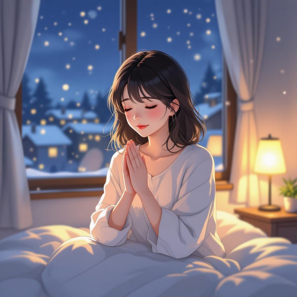 Woman in Prayer: Delicate Anime Digital Art