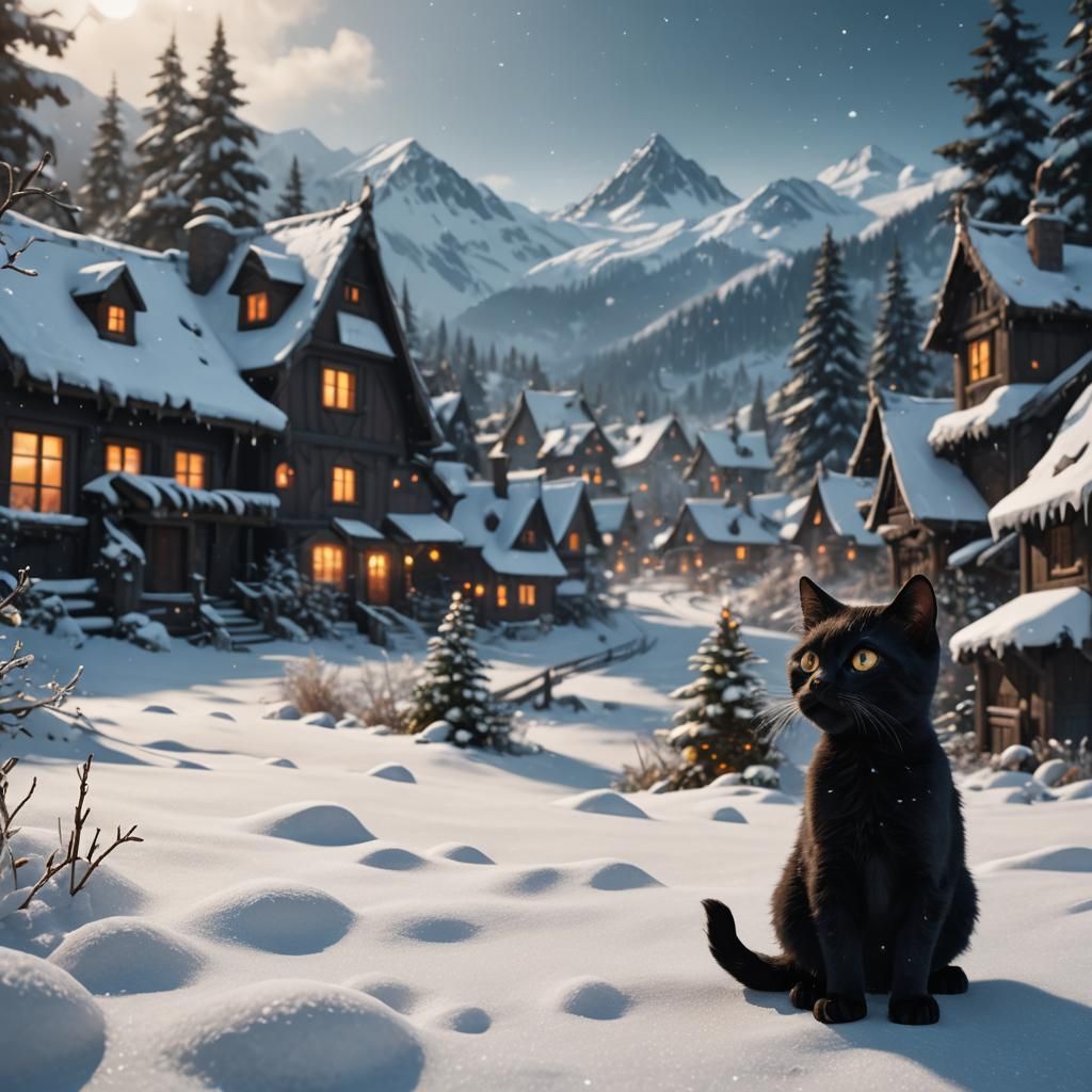 Black Kitten in Snow: Detailed Digital Painting