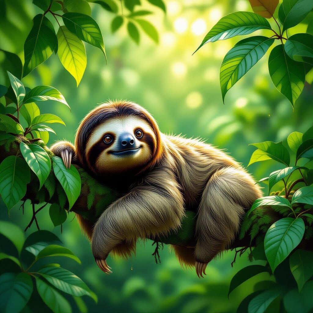Sloth Resting Under Lush Rainforest Canopy