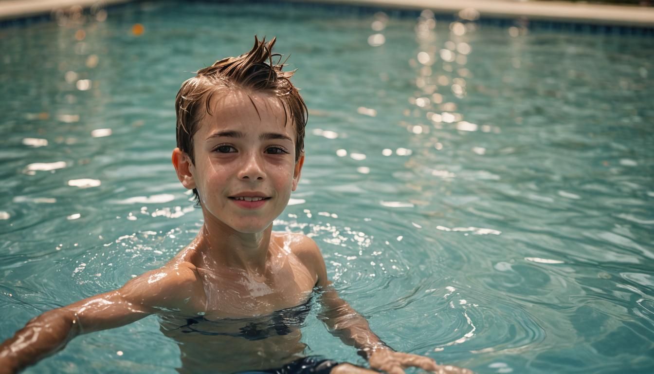 Boy Swimming in Pool on Hot Summer Day