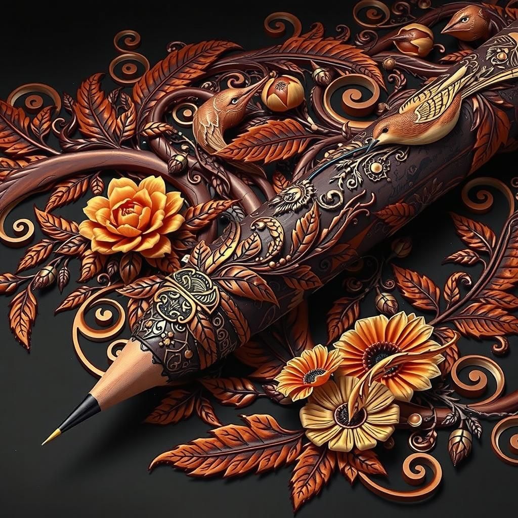 Intricately Carved Pencil with Floral and Bird Motifs