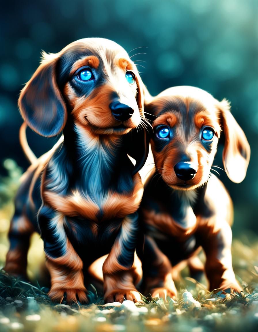 Playful Dachshund Puppies with Blue Eyes in Detailed Art