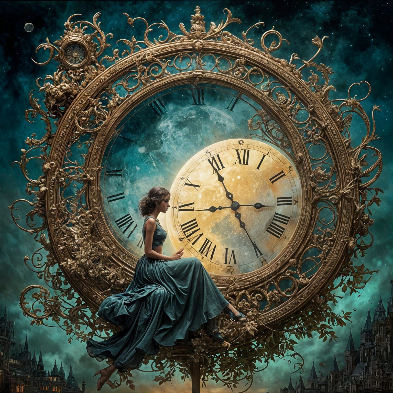 Woman on Clock with Moon in Modern Art Style