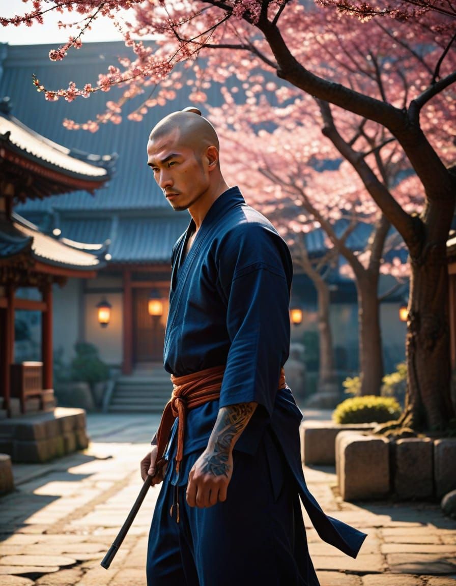 Martial Arts Monk in Vibrant Temple Courtyard