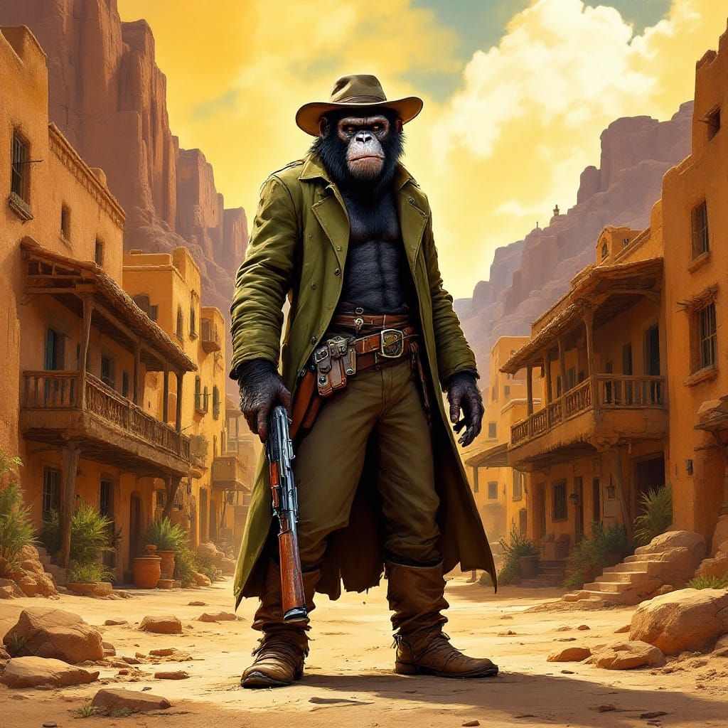 Anthropomorphic Ape Stands Tall in Retro-Futuristic Ape-Town