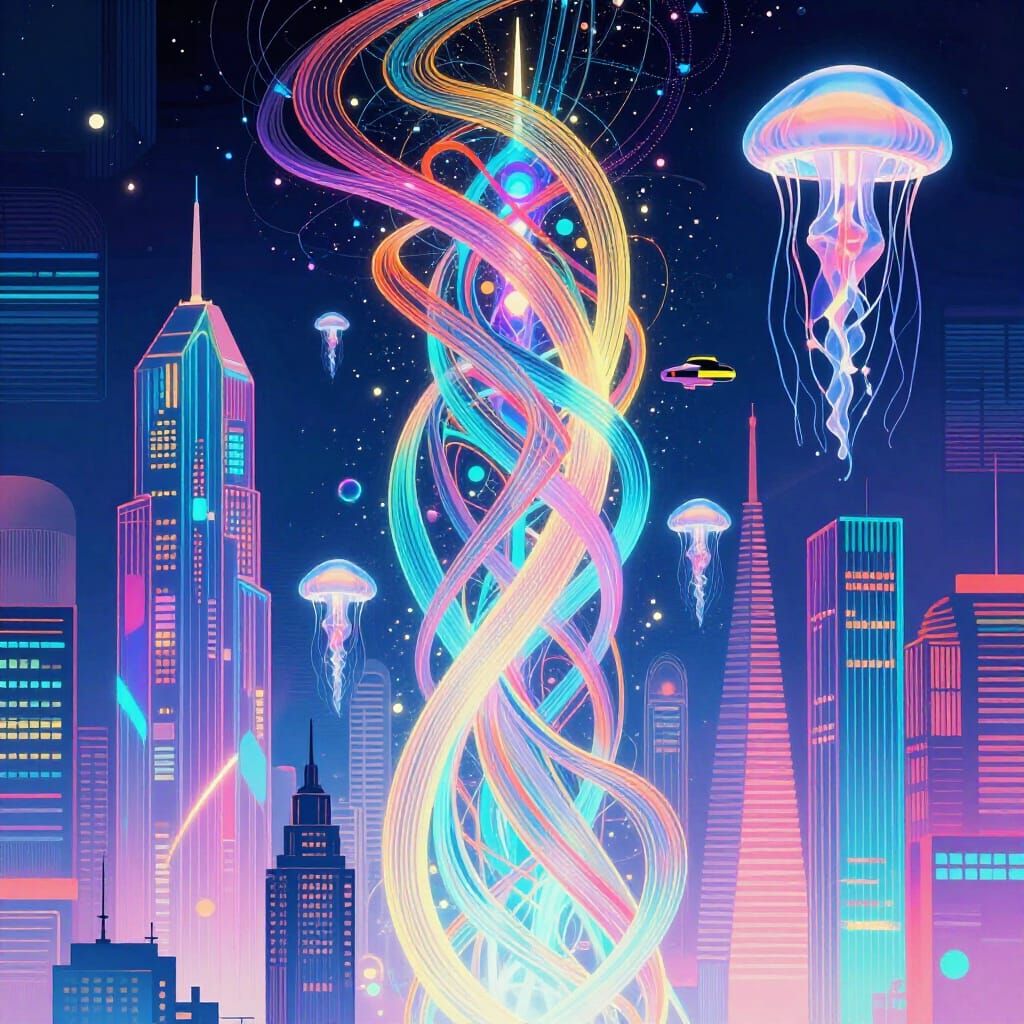 Abstract Cityscape of Light and Energy in Art Nouveau Synthw...