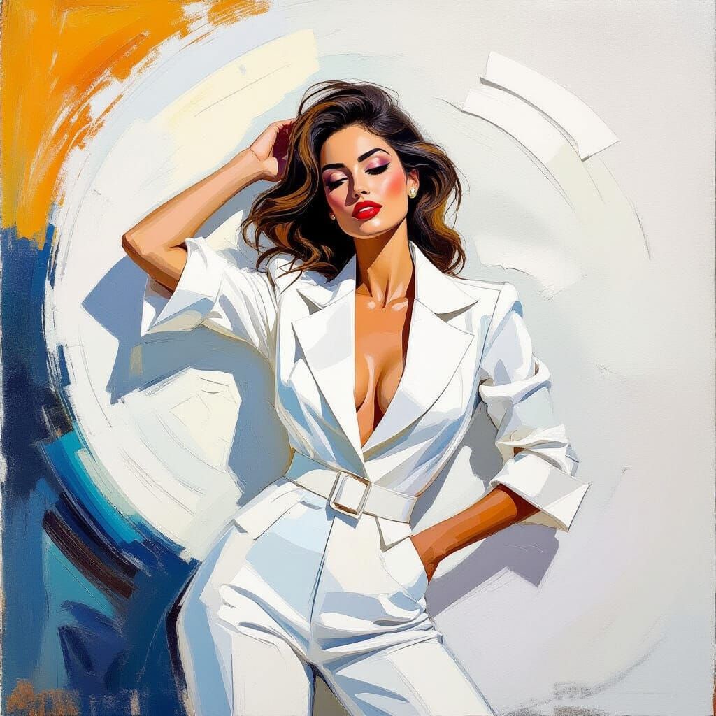 Elegant Woman in White, Abstract Expressionist Style
