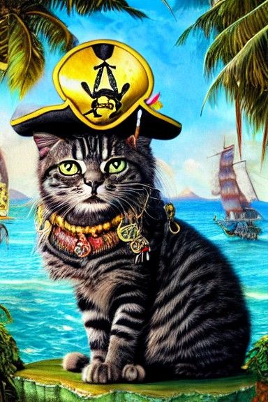 Rastafari Pirate Cat Portrait in Matte Painting Style