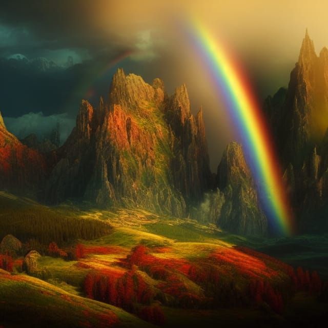 Rainbow Mountains in Verdant Forest: Digital Matte Painting
