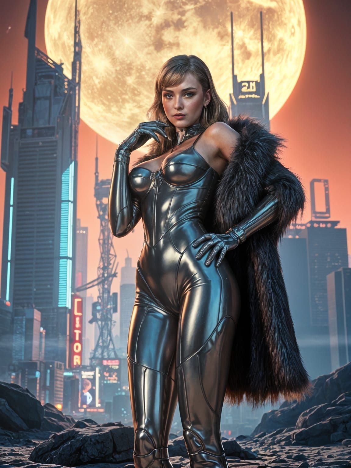 Retro Cyborg Pin-Up in Lunar Cityscape