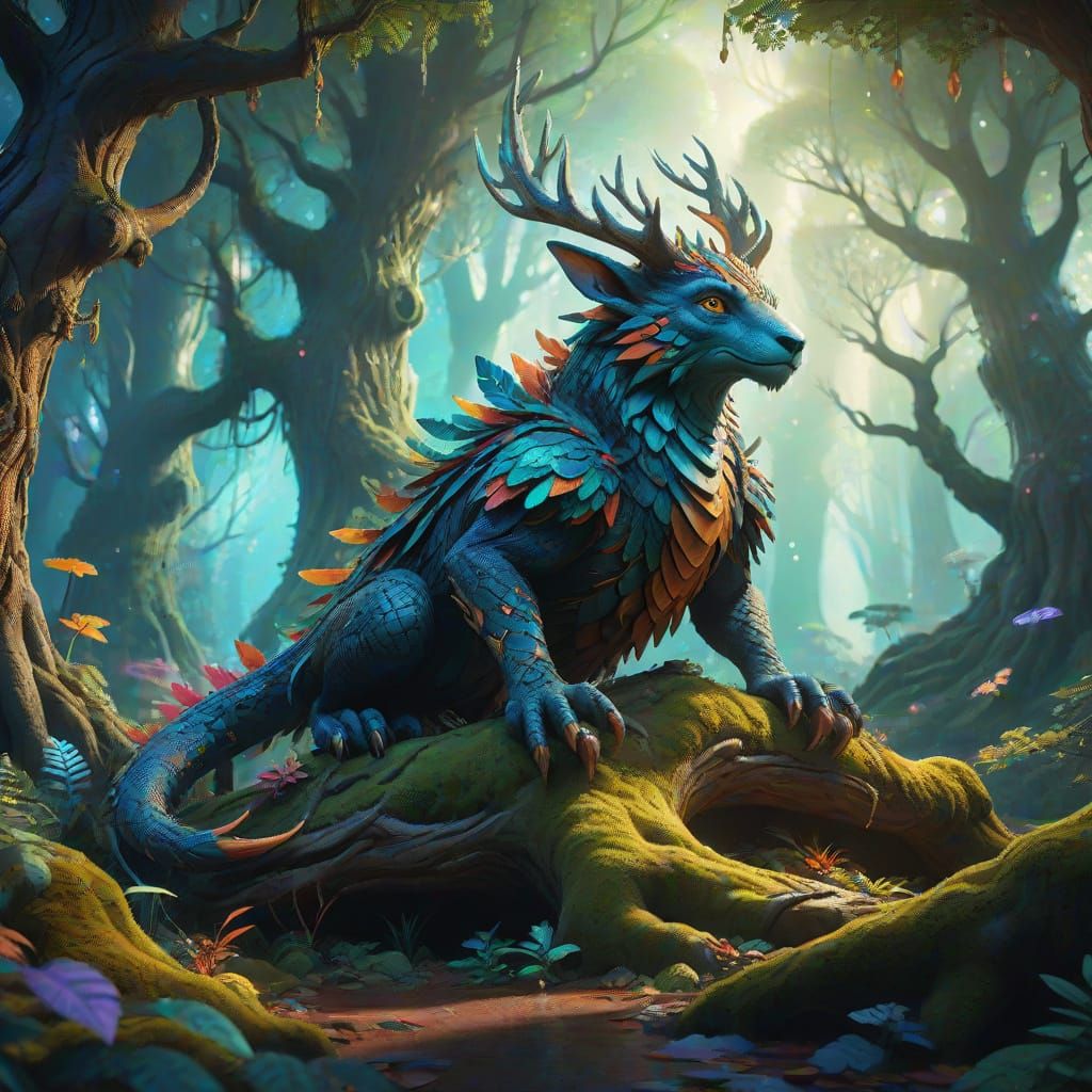 Fantastical Creature in Enchanted Forest Matte Painting
