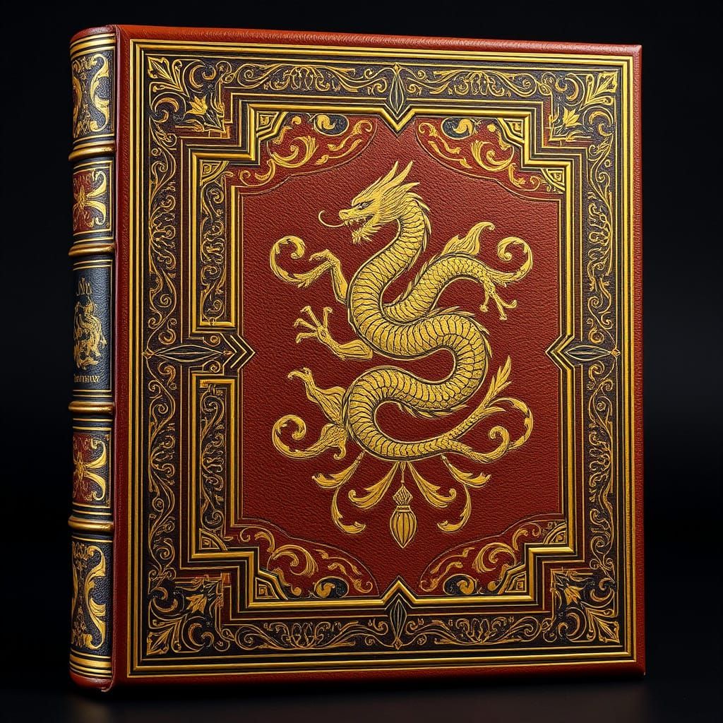 Luxurious Medieval-Inspired Leather-Bound Tome with Golden D...