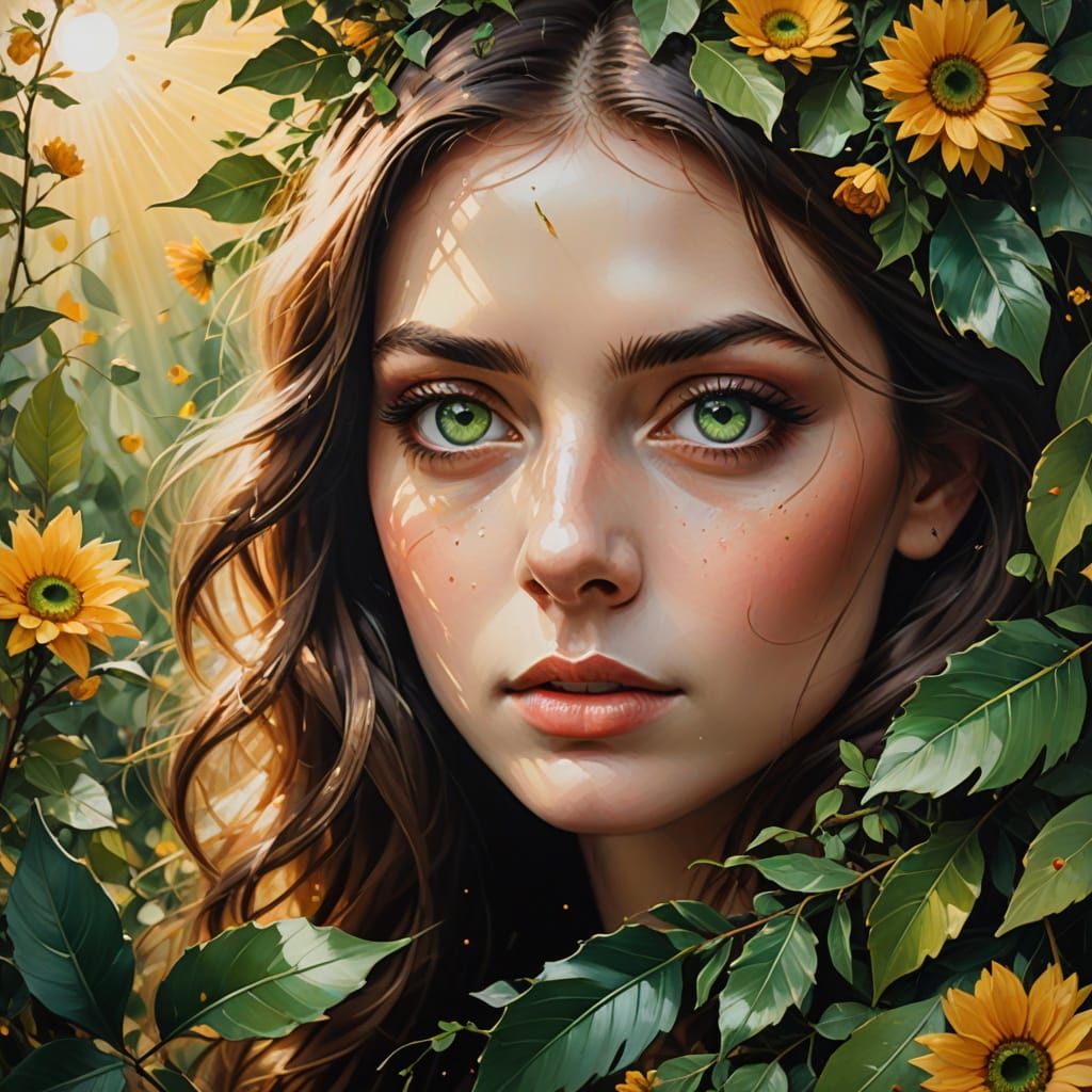 Surreal Portrait with Green Eyes in Ethereal Style