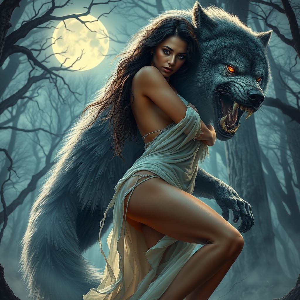 Latin Goddess Unleashes Majestic Werewolf in Moonlit Forest
