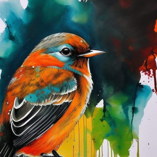 Colorful Ink Splash Robin Bird Portrait