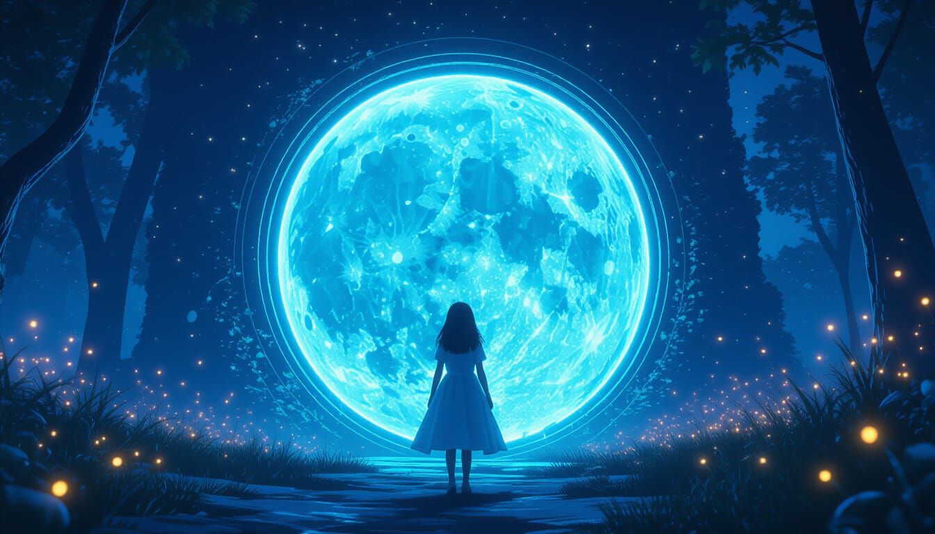 Mystical Forest Scene: Girl Before Glowing Blue Door