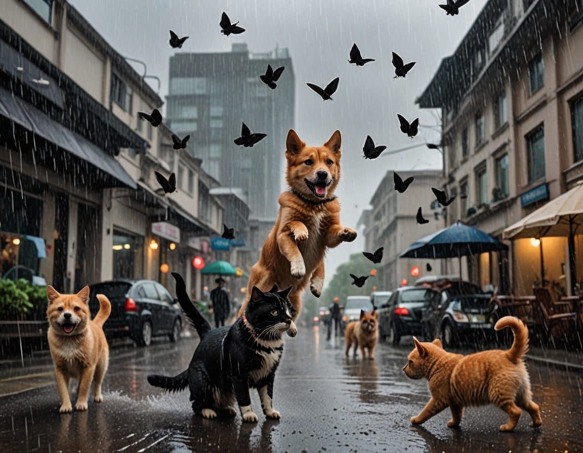 Cats and Dogs Falling from Stormy Skies