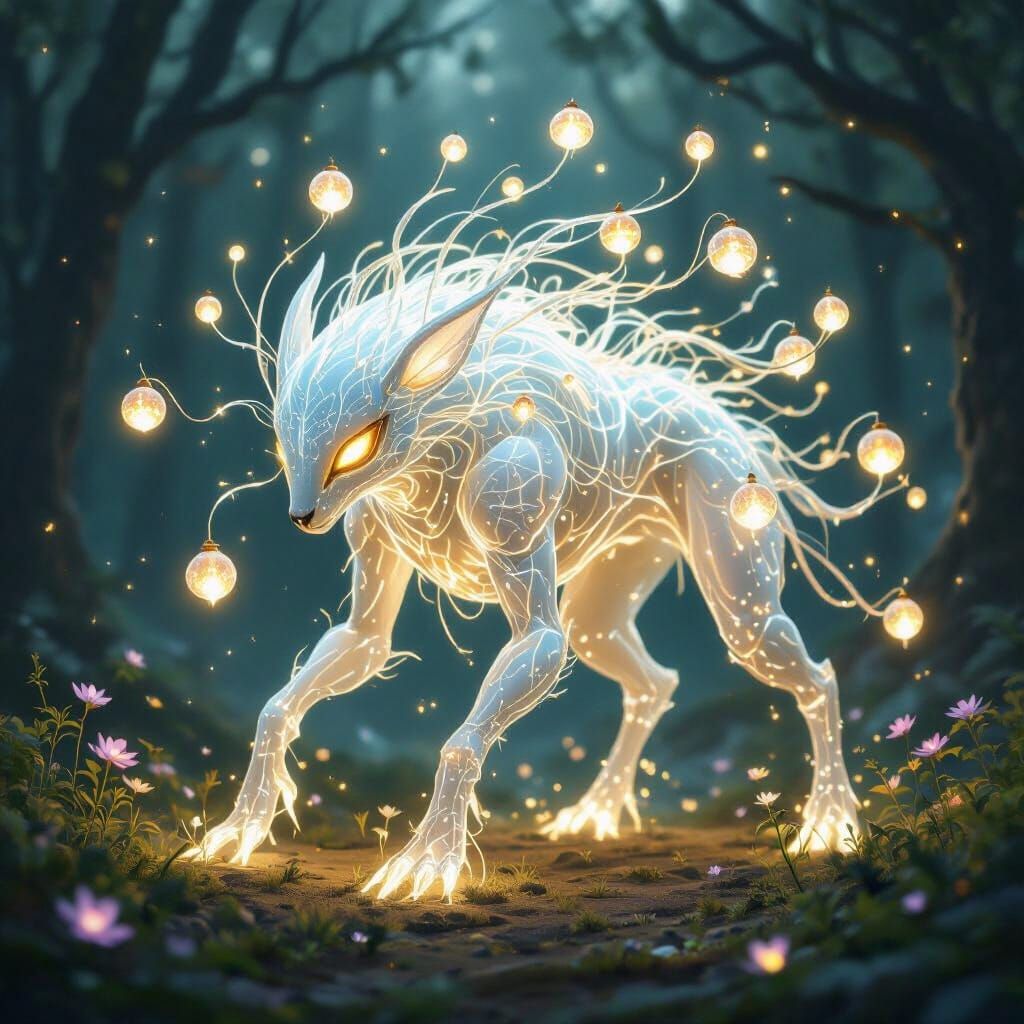 Magical Creature with Glowing Tendrils and Crystal Flowers