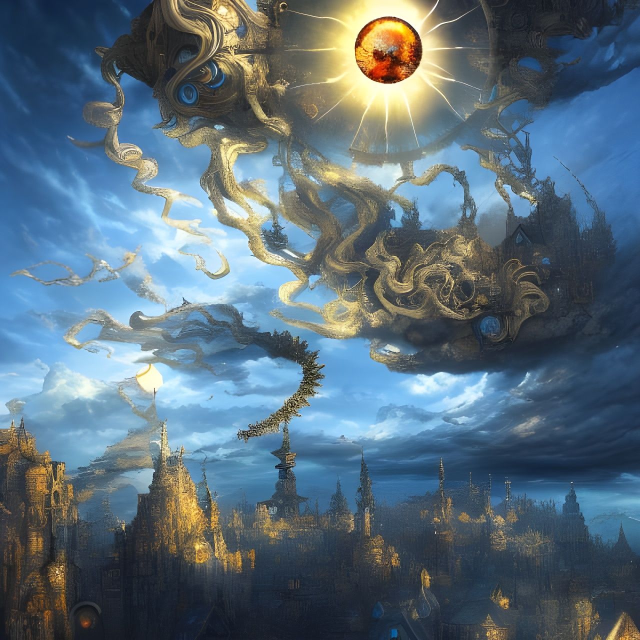 Blazing Sun Over Clockpunk Town: Fantasy Art