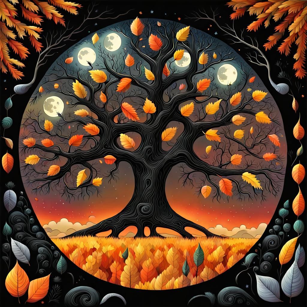 Fantastical Autumn Landscape with Moon in Folk Art