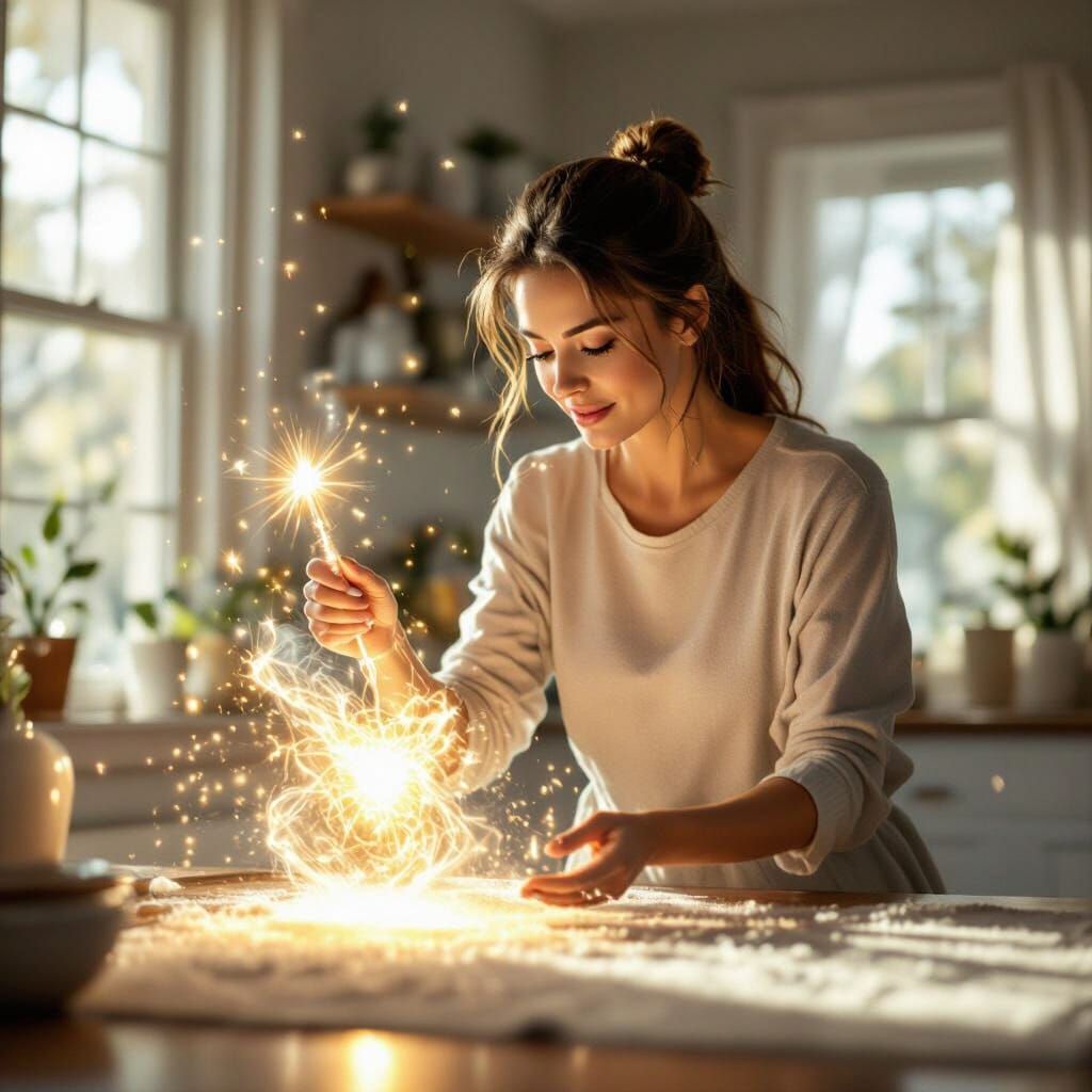 Mother Magically Cleaning House with Glowing Wand