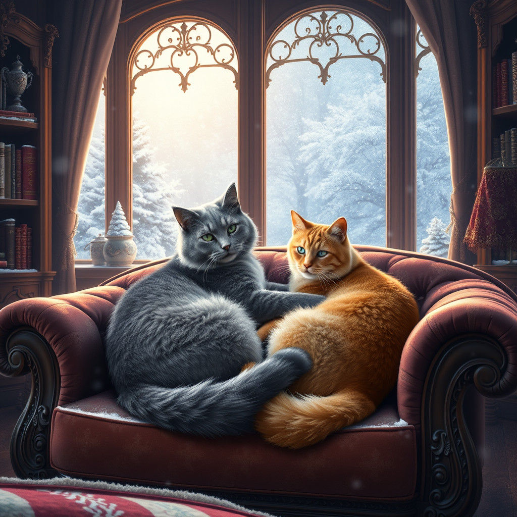 Cats Snug Indoors During a Snowstorm: Fantasy Art