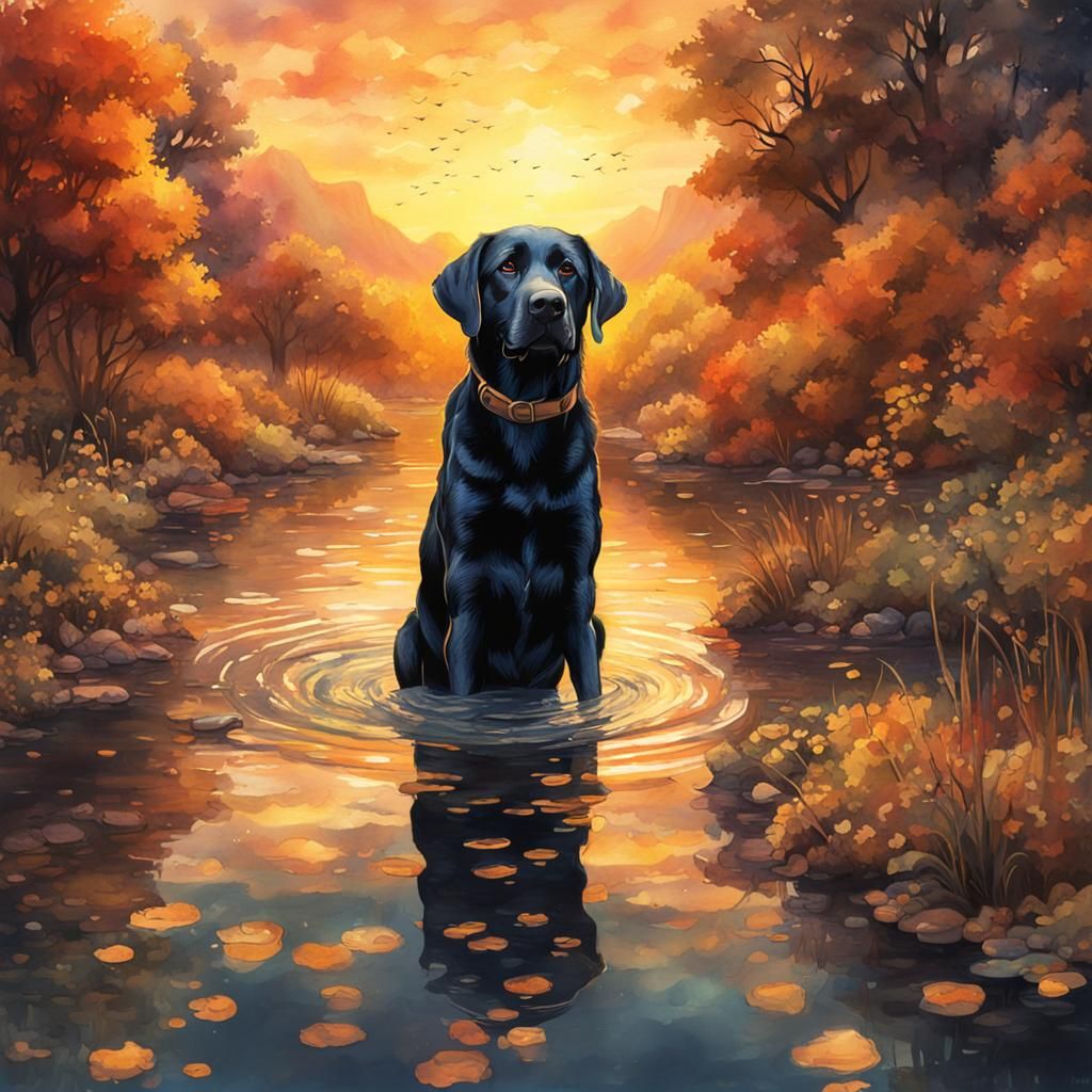 Majestic Black Labrador in Watercolor, Golden Hour