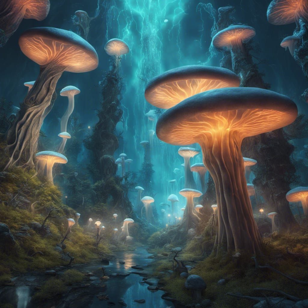 A fantasy fairy's glade with gorgeous luminous toadstools.