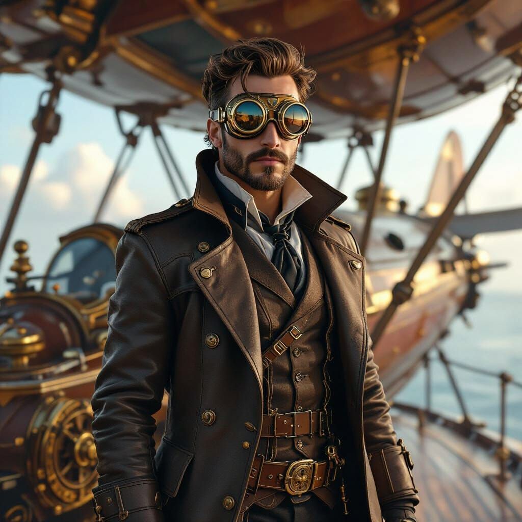 Steampunk Airship Captain on Vintage Aircraft