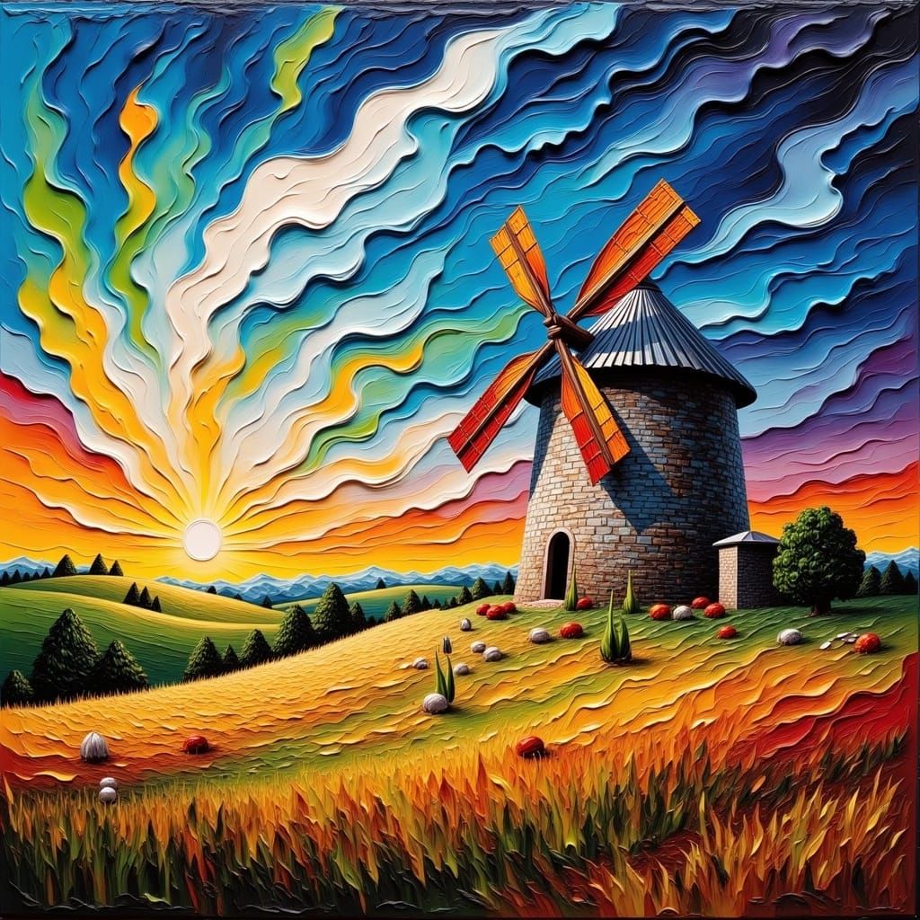 Vibrant Windmill Landscape with Impasto Brushstrokes