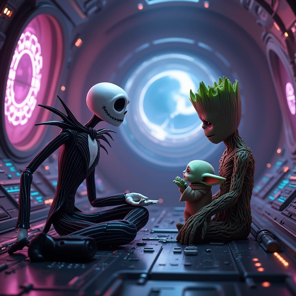 Jack, Yoda, and Groot Debate in Futuristic Spaceship