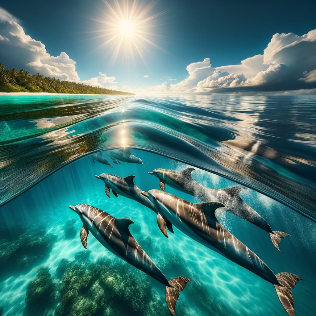 Dolphins Swim in Turquoise Tropical Waters