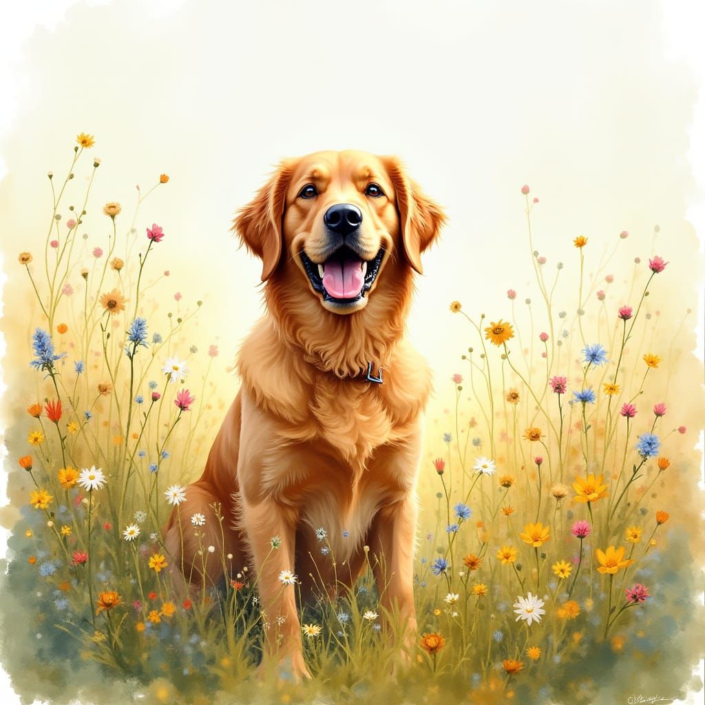 Golden Retriever in Wildflower Field, Watercolor Style