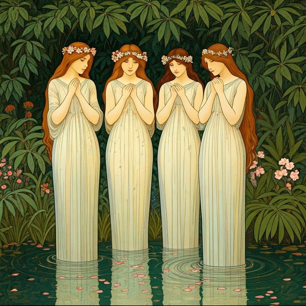 Ethereal Nymphs in a Dreamlike Art Nouveau Style