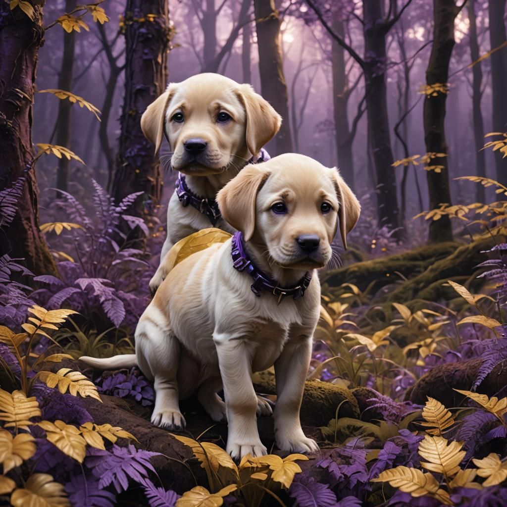 Purple and Gold Labrador Puppy in Fantasy Forest