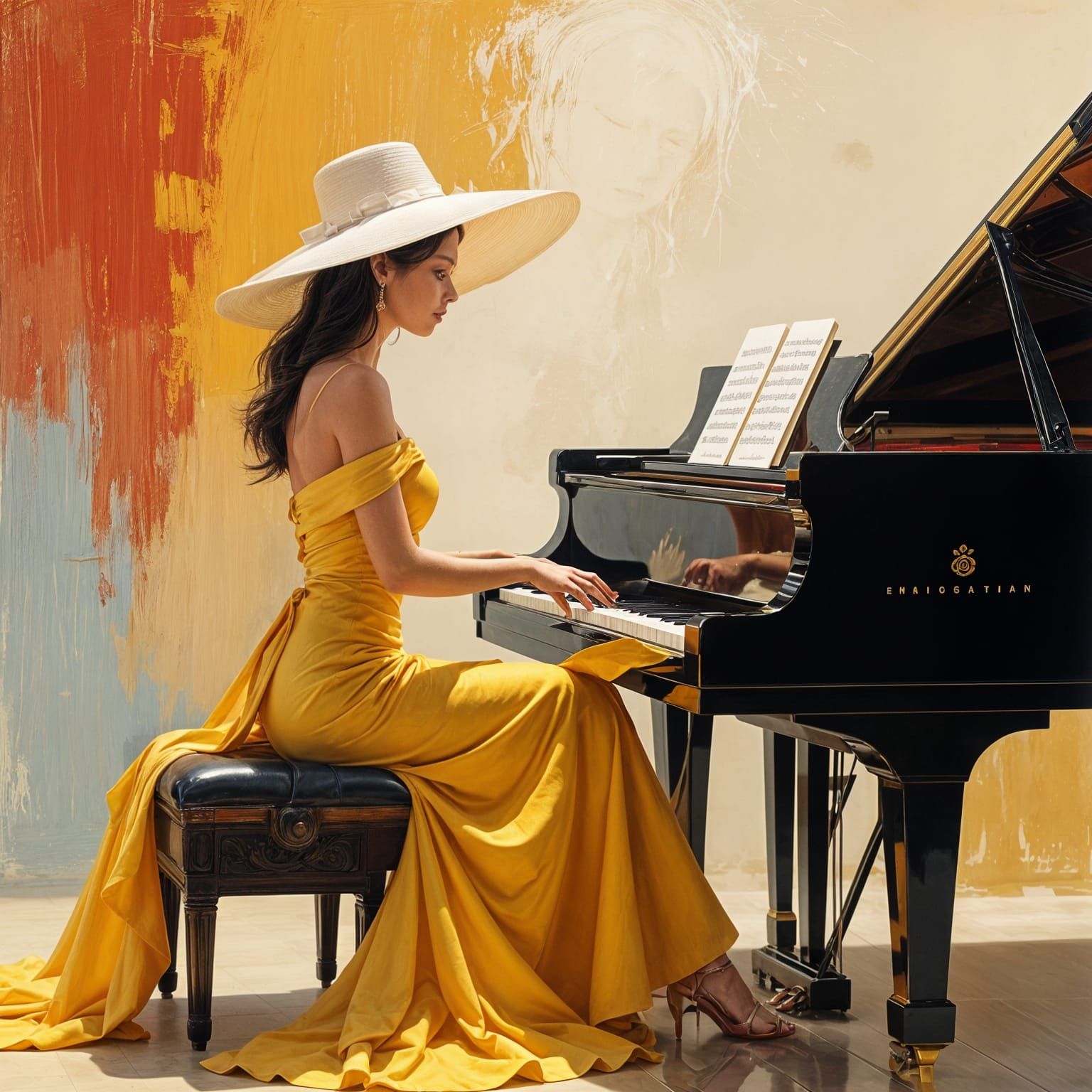 Woman in Yellow Dress Playing Piano in Digital Painting