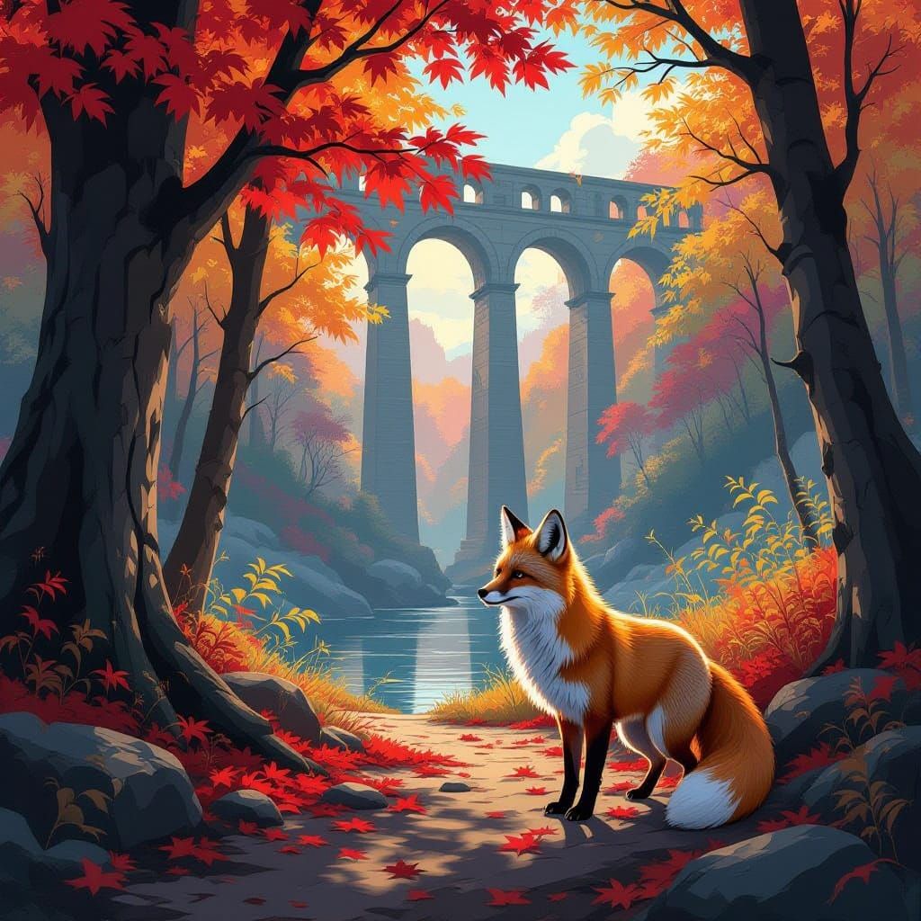 Crimson Autumn Maple Grove with Roman Aqueduct