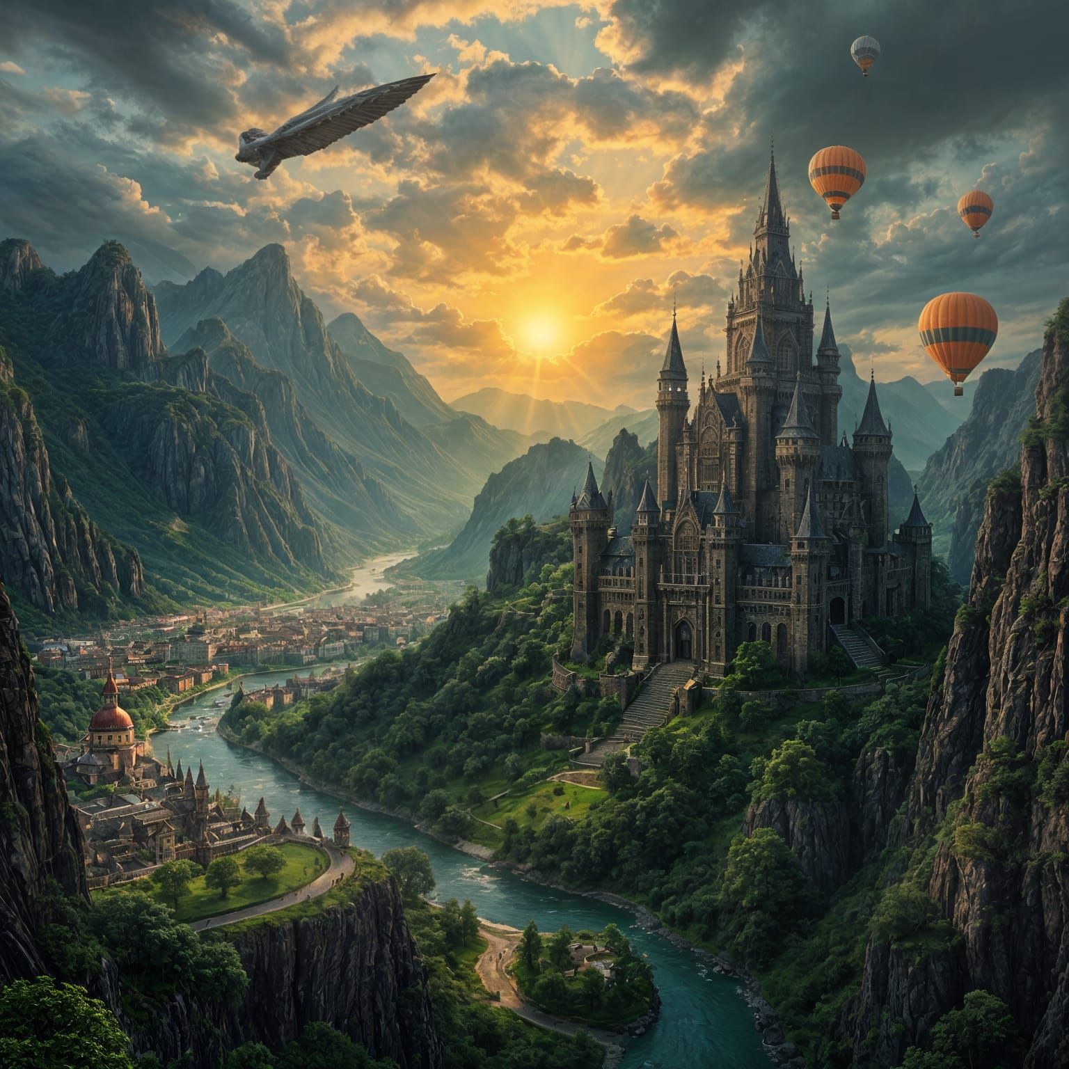 Fantasy Mountain Realm with Sunset and Aerial Marvels